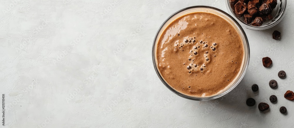 Creamy chocolate mousse in a glass bowl with cocoa beans and dessert garnishes on a light textured background Copy Space Creamy chocolate mousse in a glass bowl with cocoa beans and dessert garnishes on a light textured background Copy Space