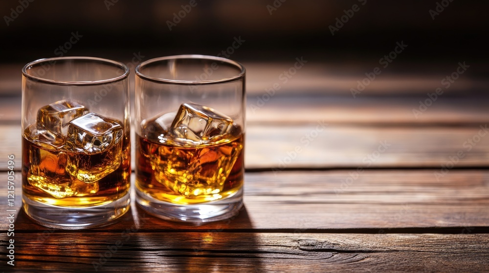 Aging Rye Whiskey in Glasses with Ice on Rustic Wooden Table Ideal for Beverage Advertisements and Text Placement Aging Rye Whiskey in Glasses with Ice on Rustic Wooden Table Ideal for Beverage Advertisements and Text Placement