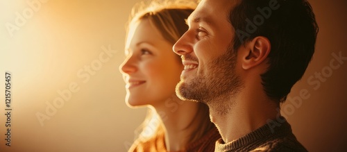 Caucasian adult siblings smiling in profile illuminated by natural light showcasing their distinct facial features and a blank space for text photo