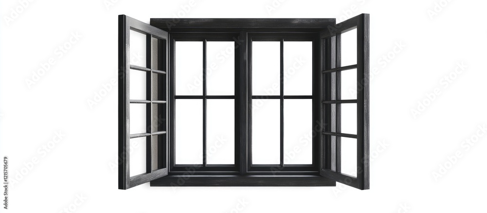 Black double-hung window with open sashes and multiple panes on a white background with Copy Space for text placement Black double-hung window with open sashes and multiple panes on a white background with Copy Space for text placement
