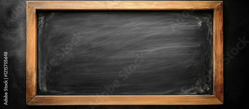 Black chalkboard with wooden frame and empty surface suitable for writing and teaching with copy space photo