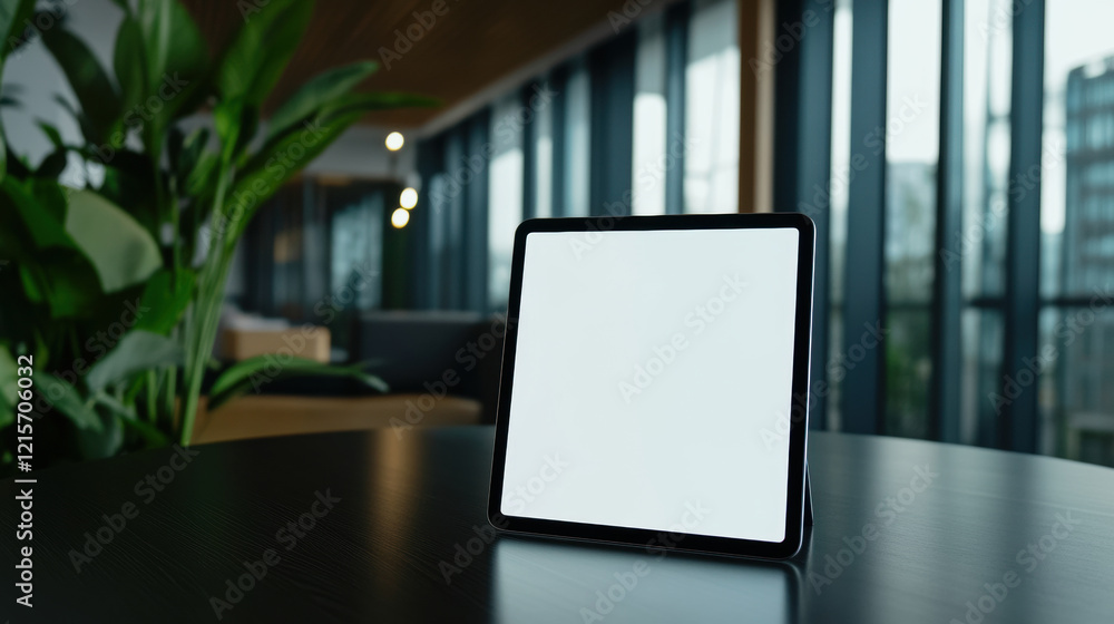 modern tablet screen on polished black table in stylish office setting, surrounded by greenery and large windows, creating serene atmosphere modern tablet screen on polished black table in stylish office setting, surrounded by greenery and large windows, creating serene atmosphere