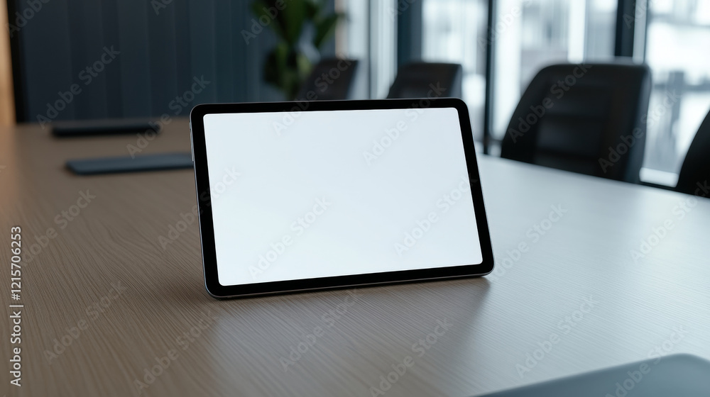 blank tablet screen on slim steel table in modern office setting, surrounded by chairs, creates professional atmosphere blank tablet screen on slim steel table in modern office setting, surrounded by chairs, creates professional atmosphere