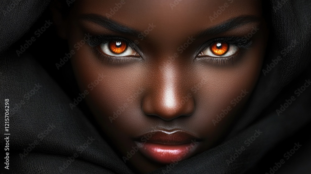 African model showcasing intense eyes and expressive pose with ample empty space for text placement in a dark, elegant setting. African model showcasing intense eyes and expressive pose with ample empty space for text placement in a dark, elegant setting.