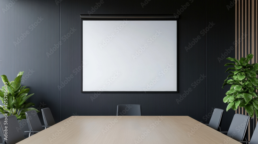 modern meeting room featuring large blank screen, wooden table, and green plants, creating professional atmosphere modern meeting room featuring large blank screen, wooden table, and green plants, creating professional atmosphere