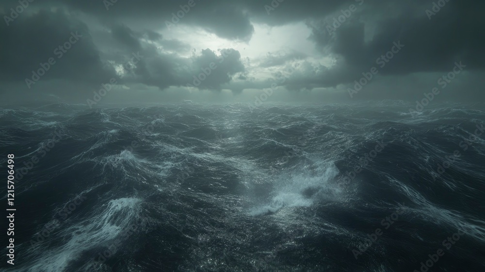 Dramatic ocean scene with turbulent waves and dark stormy clouds illuminated by distant sunlight Dramatic ocean scene with turbulent waves and dark stormy clouds illuminated by distant sunlight
