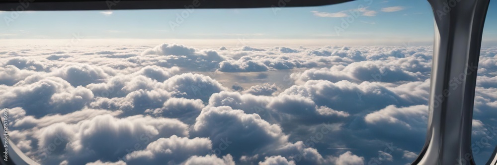 Clouds and sunlit sky through aircraft windowpane, interior, plane, view Clouds and sunlit sky through aircraft windowpane, interior, plane, view
