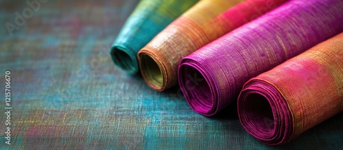 Colorful rolled fabric sheets with a textured background showcasing vibrant shades of teal, orange, and magenta, Copy Space available. photo