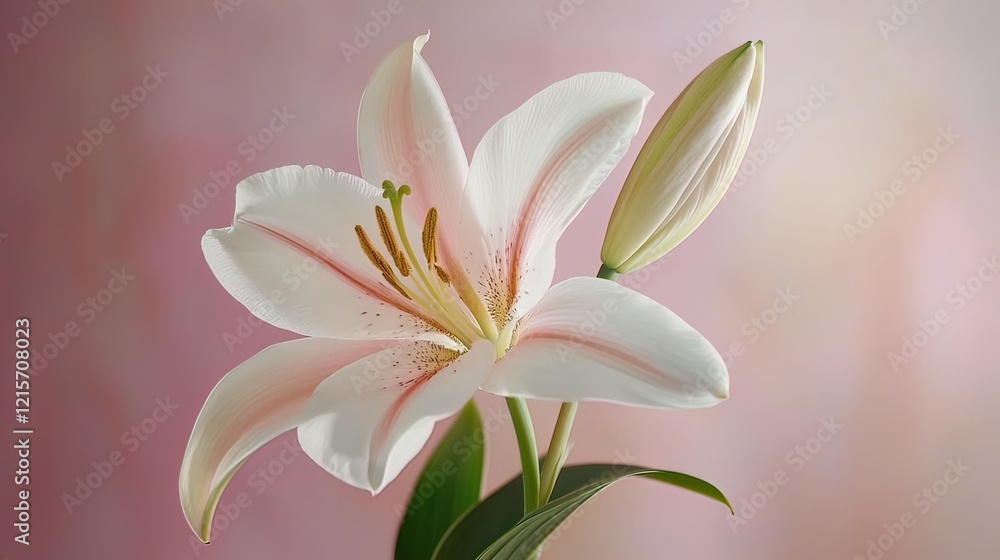 Fototapeta premium Close-up of a delicate, light pink lily flower with a bud against a soft pink background.
