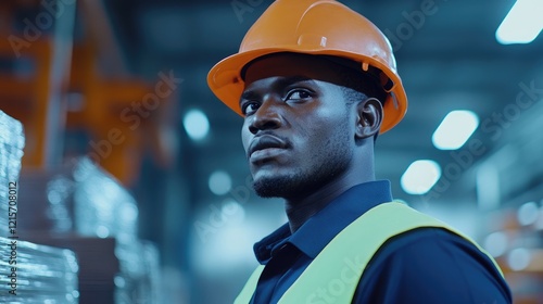 Wallpaper Mural African male factory worker in hard hat and safety vest standing confidently in industrial environment with empty space for text placement Torontodigital.ca