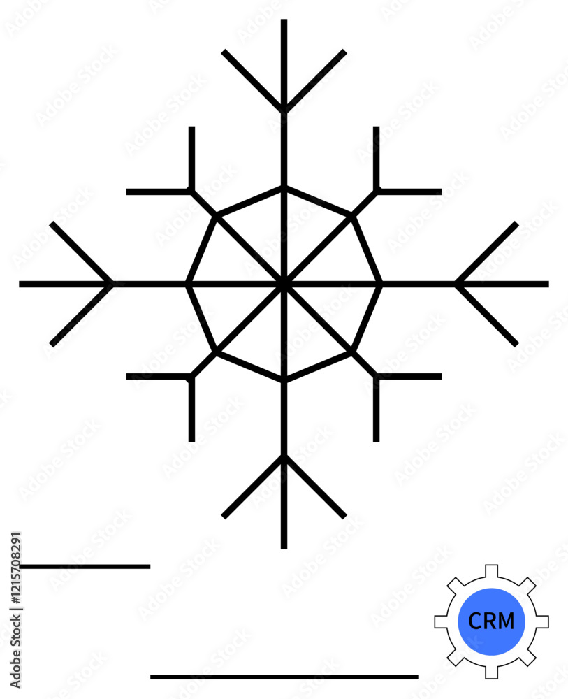 Geometric snowflake with an interconnected structure, CRM gear icon in blue, and abstract horizontal lines. Ideal for systems thinking, networking, process design, software, winter themes, business Geometric snowflake with an interconnected structure, CRM gear icon in blue, and abstract horizontal lines. Ideal for systems thinking, networking, process design, software, winter themes, business