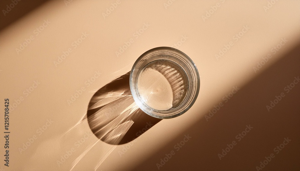 transparent glass cup with artistic shadows on a minimalist beige background transparent glass cup with artistic shadows on a minimalist beige background