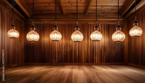 a wood paneled room illuminated by a row of hanging pendant lights with classic design and warm glow photo