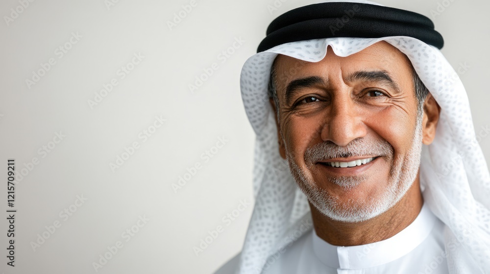 Traditional Arab man in Emirati attire smiling on neutral background with ample copyspace for text and promotional content Traditional Arab man in Emirati attire smiling on neutral background with ample copyspace for text and promotional content