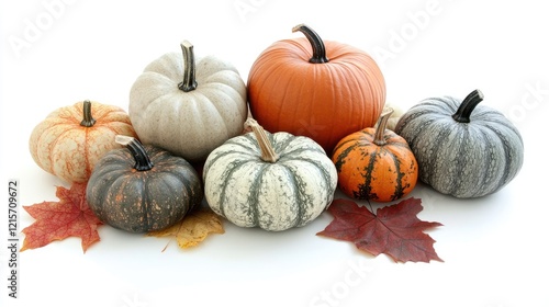 Assorted pumpkins in various colors surrounded by vibrant autumn leaves on a clean white background ideal for seasonal decor themes. photo