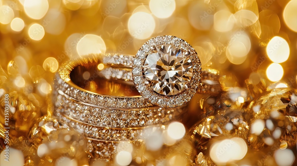 Close-up of sparkling diamond rings nestled among gold bokeh lights. Close-up of sparkling diamond rings nestled among gold bokeh lights.