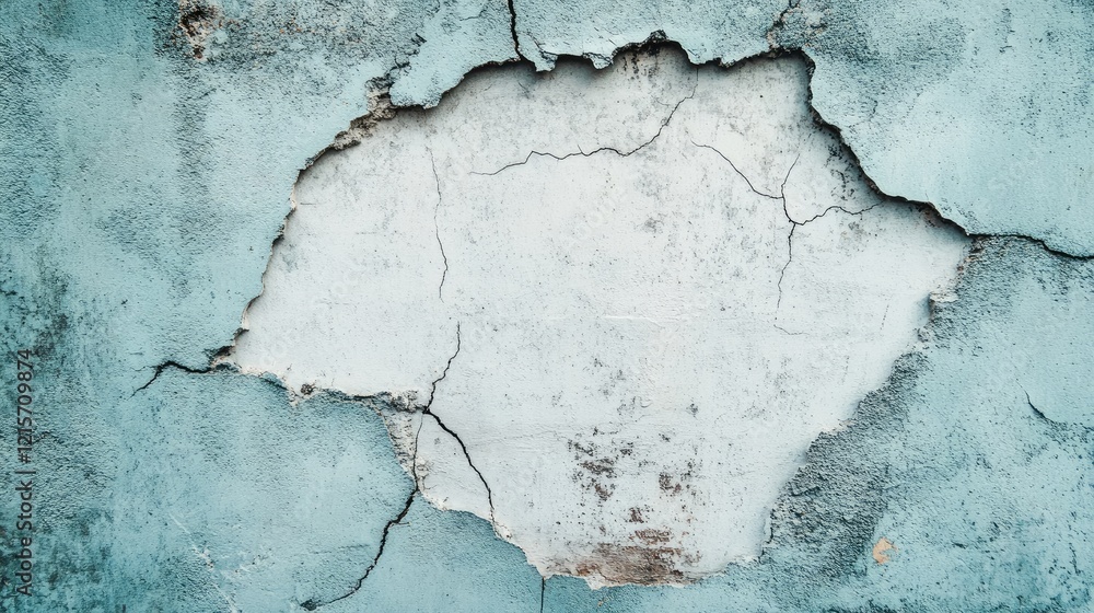 Obraz premium Textured cracked wall with peeling paint in blue and white tones featuring large broken area and copy space for text placement.
