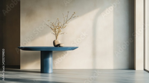 Modern interior design featuring a minimalist table with a vase and dried flowers against a neutral wall and large window with natural light Copy Space