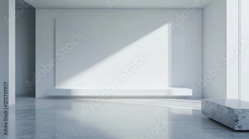 Minimalist interior space with large white walls, smooth marble floor, and natural light casting shadows, featuring copy space for text.