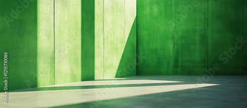 Green concrete interior wall with shadows and light reflection on the floor providing ample Copy Space for text placement.