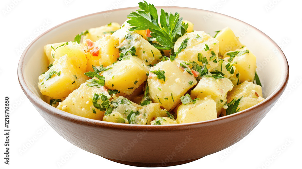 bowl of potato salad. showcasing diced potatoes mixed with herbs and seasonings. garnished with a sprig of parsley the dish is often served as a side. ideal for picnics or barbecues. highlighting its bowl of potato salad. showcasing diced potatoes mixed with herbs and seasonings. garnished with a sprig of parsley the dish is often served as a side. ideal for picnics or barbecues. highlighting its