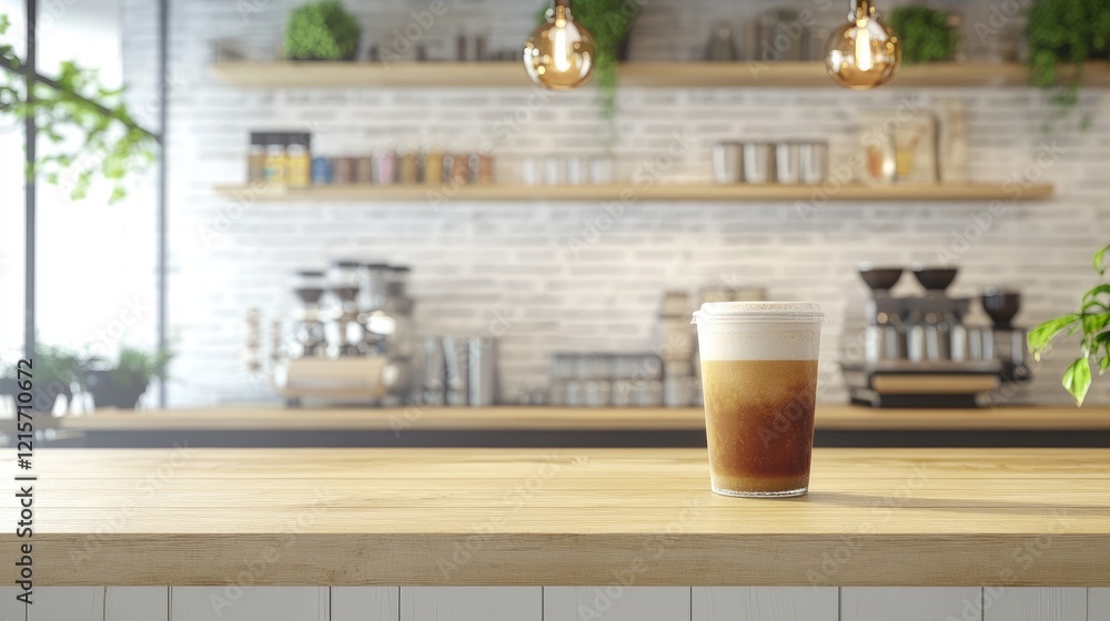 Obraz premium Coffee cup on wooden countertop in modern cafe interior with brick wall and hanging lights Copy Space