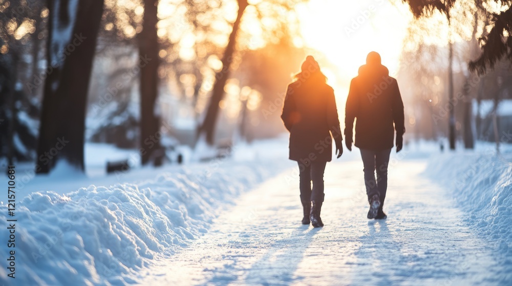 Winter Wonderland Couples Walking Through Snowy Path at Sunset Scenic Cold Landscape with Soft Focus on Snowfall and Empty Space for Text Winter Wonderland Couples Walking Through Snowy Path at Sunset Scenic Cold Landscape with Soft Focus on Snowfall and Empty Space for Text