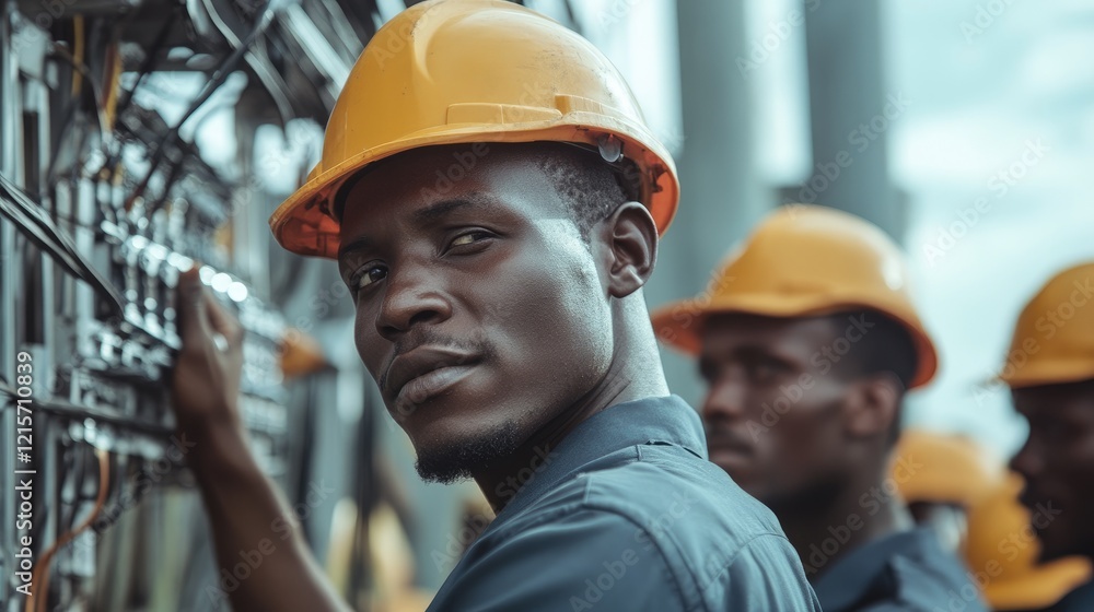 African engineering team in hard hats performing electrical maintenance with copyspace for text placement in a dynamic work environment African engineering team in hard hats performing electrical maintenance with copyspace for text placement in a dynamic work environment