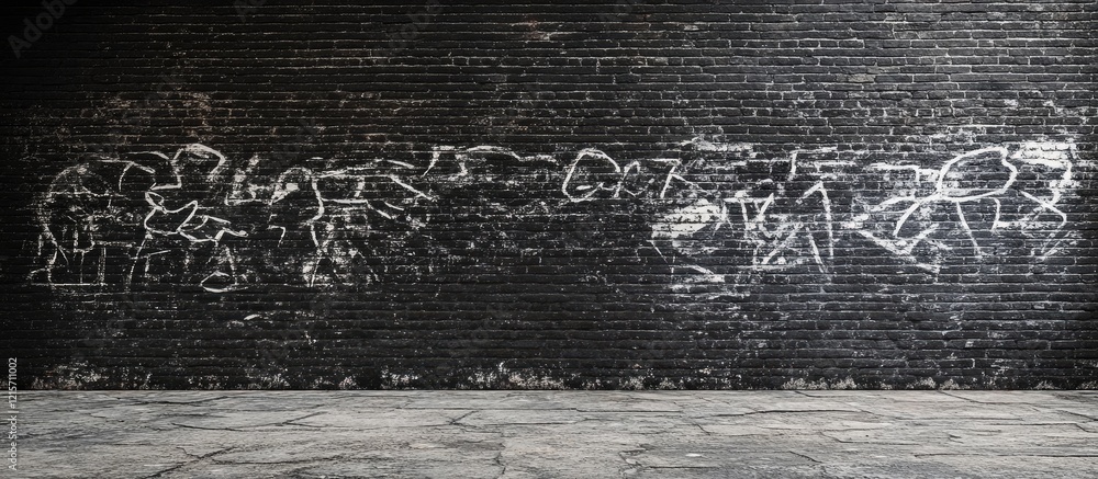 Naklejka premium Desolate black brick wall with white graffiti showcasing a dilapidated urban feel and ample empty space for text or graphic overlay