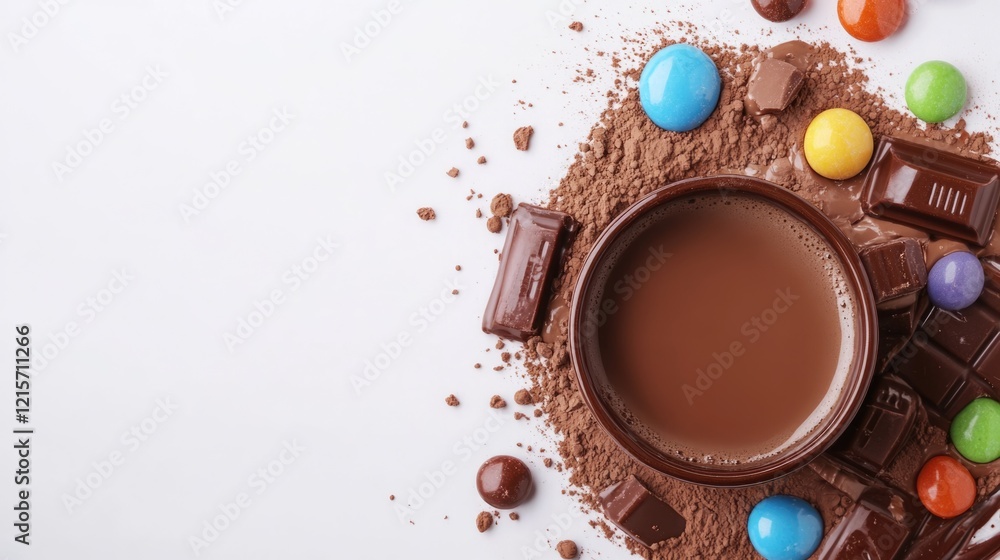 Chocolate drink with candies and cocoa powder arranged on white background with Copy Space Chocolate drink with candies and cocoa powder arranged on white background with Copy Space