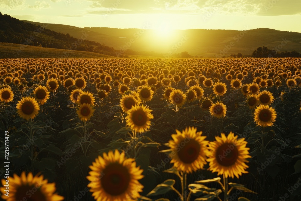 Fototapeta premium Sunset Sunflower Field Landscape Golden Hour Photography