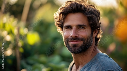 Smiling man with curly hair and beard in a natural outdoor setting with greenery and soft sunlight Copy Space