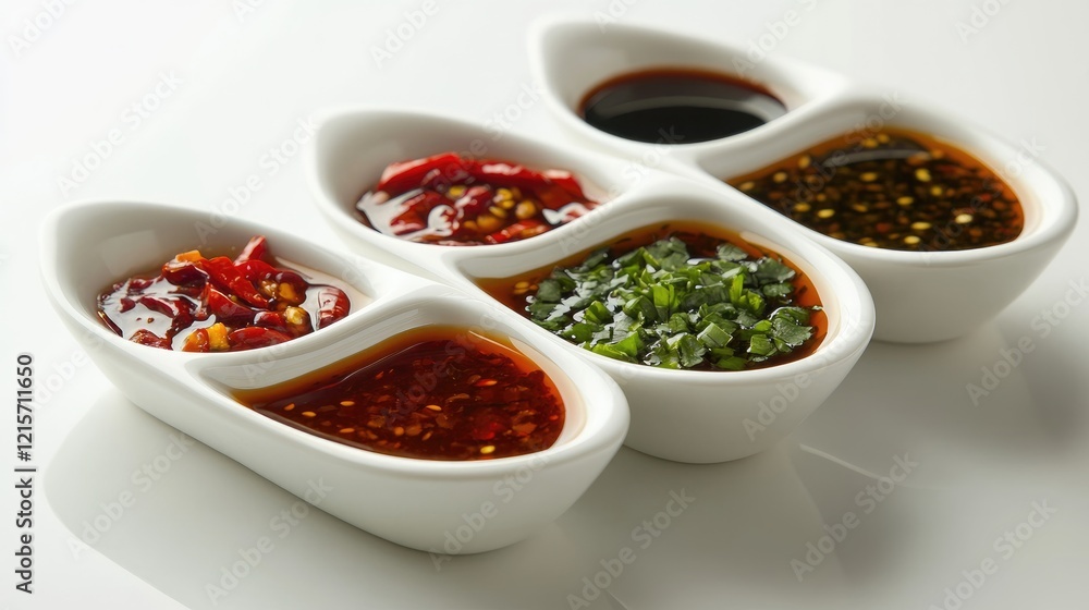 Assorted spicy dipping sauces with fresh chili peppers in elegant white bowls on a light background Assorted spicy dipping sauces with fresh chili peppers in elegant white bowls on a light background