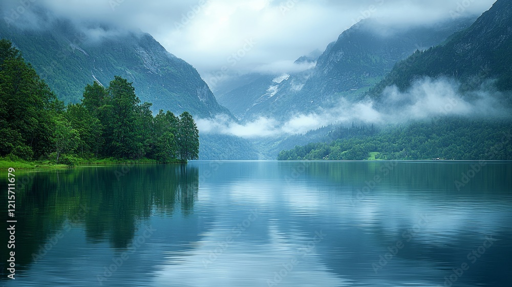 Naklejka premium Misty mountain lake, serene landscape, calm water, reflection, travel postcard