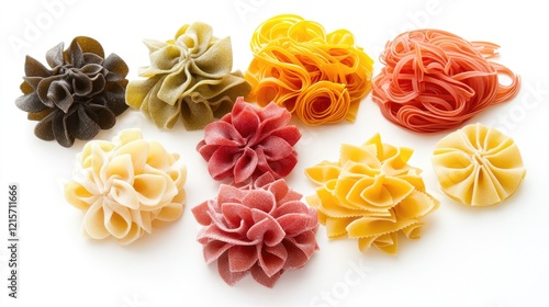 Assorted Colorful Pasta Varieties Shaped Like Flowers on a White Background photo