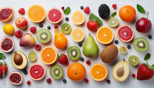 colorful fruit pattern featuring various fruits on a light background for decoration or design purposes