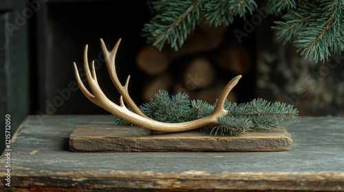 Rustic Antlers, Fir, Fireplace, Winter Decor photo