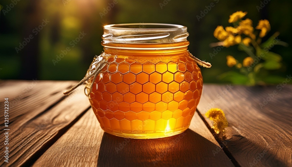 fresh honey in jar with honeycomb design resting on wooden surface evokes natural and sweet ambiance fresh honey in jar with honeycomb design resting on wooden surface evokes natural and sweet ambiance