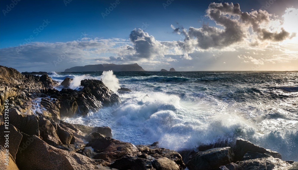 Fototapeta premium rough ocean waves crashing against rocky shore creating dramatic scene