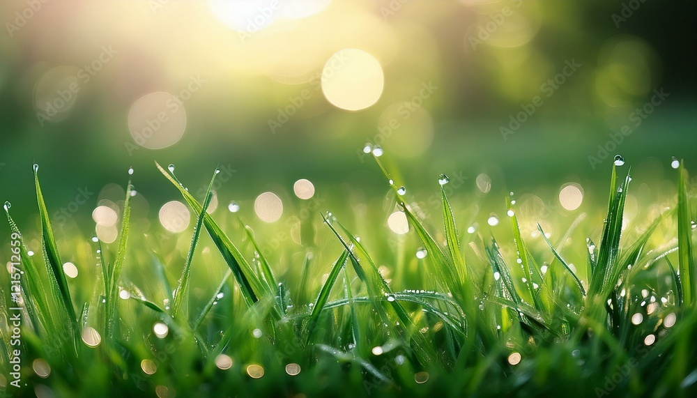 Obraz premium dew kissed green grass with water droplets and soft bokeh background
