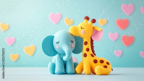 Two cute plush toys, a blue elephant and a yellow giraffe, against a colorful heart background with copy space. photo