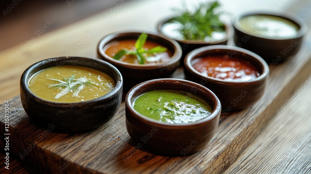 Variety of colorful soups served in rustic bowls on a wooden board showcasing vibrant ingredients and textures for a hearty dining experience Variety of colorful soups served in rustic bowls on a wooden board showcasing vibrant ingredients and textures for a hearty dining experience