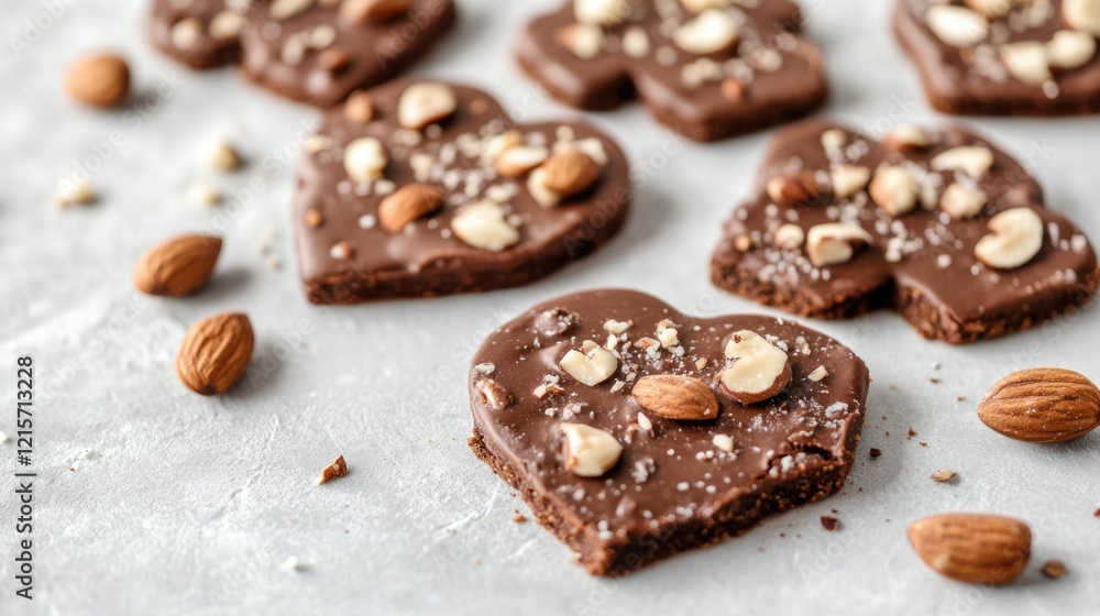 Heart-shaped chocolate cookies topped with almonds and nuts on a light textured surface with scattered almonds and cookie crumbs Copy Space Heart-shaped chocolate cookies topped with almonds and nuts on a light textured surface with scattered almonds and cookie crumbs Copy Space