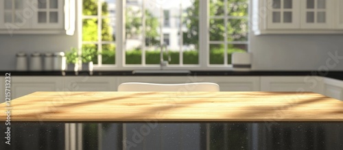 Modern kitchen interior with wooden table, minimalistic design, large windows letting in natural light, and copy space for text.