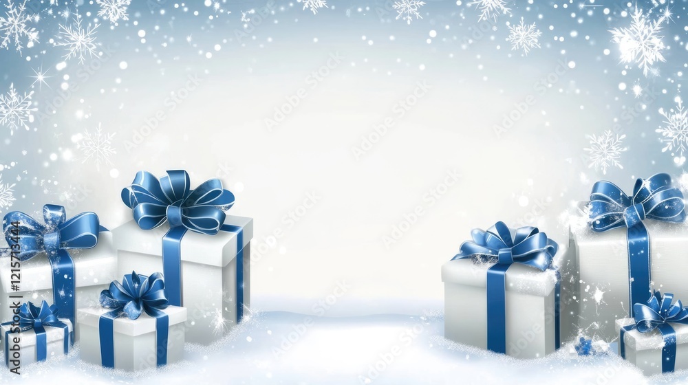 Winter holiday background featuring wrapped gifts with blue ribbons and bows, snowflakes in the air, and ample copy space for text. Winter holiday background featuring wrapped gifts with blue ribbons and bows, snowflakes in the air, and ample copy space for text.