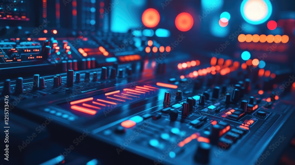 AI-Enhanced Music Production Workspace with Vibrant Controls and Copyspace for Text Placement AI-Enhanced Music Production Workspace with Vibrant Controls and Copyspace for Text Placement
