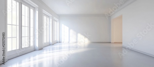 Empty modern interior space with large windows illuminating the room, featuring minimalist design and ample copy space for text.