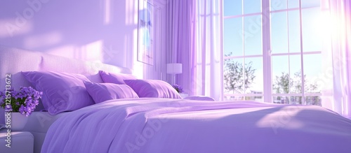Modern bright bedroom interior with purple decor and large windows featuring natural light and floral accents Copy Space