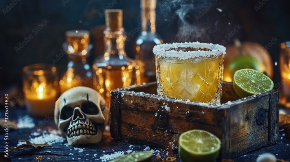 Margarita with Tequila Reposado and Salted Rim in Rustic Setting with Skull and Autumn Decor for Holiday Celebration Margarita with Tequila Reposado and Salted Rim in Rustic Setting with Skull and Autumn Decor for Holiday Celebration