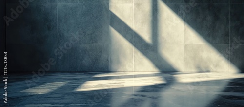Abstract interior space with concrete walls and floor, illuminated by sharp shadows from window light, Copy Space.